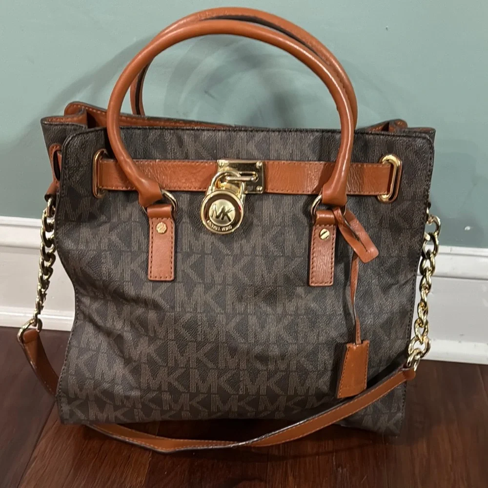 Michael Kors Collection Brown and Tan Monogram Tote with Gold Hardware